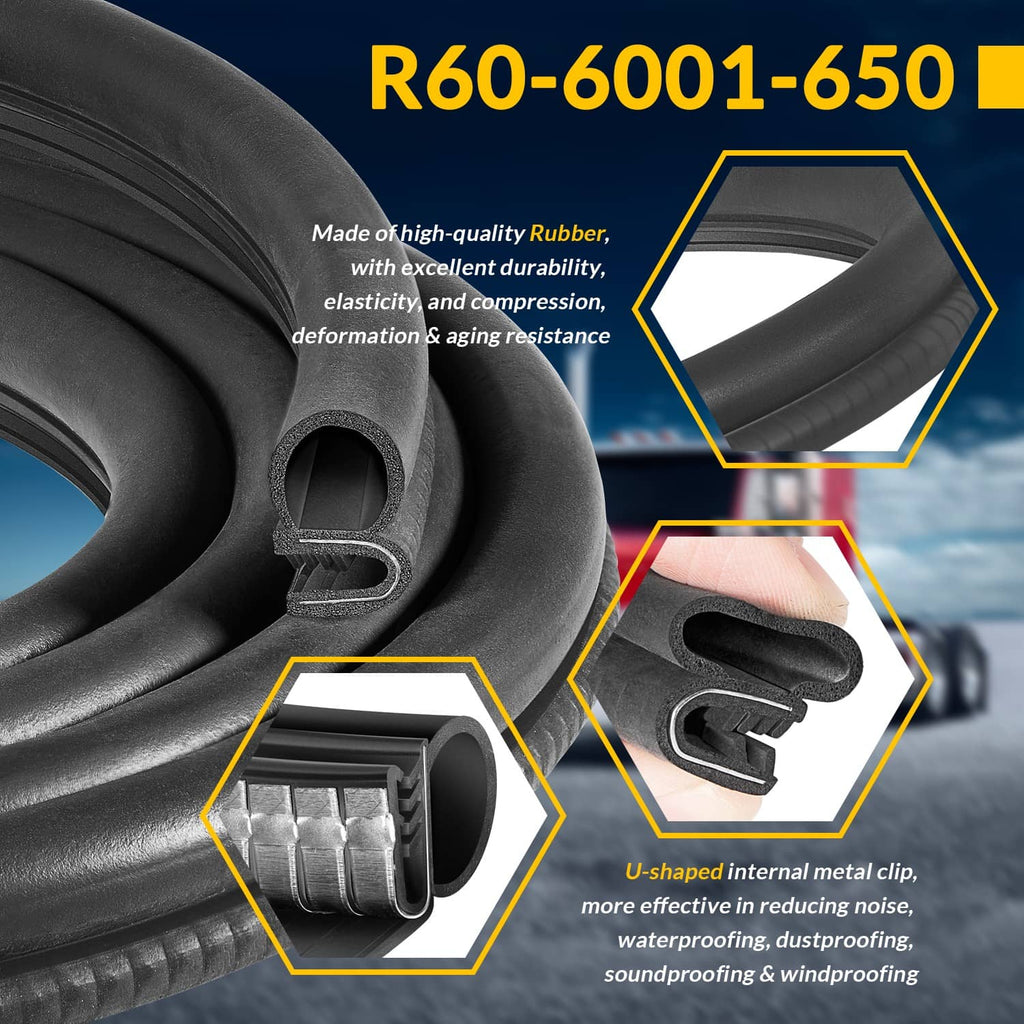 Black rubber door seal weatherstrip with U-shaped internal metal clip detail