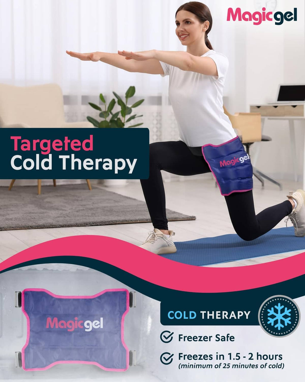 Blue gel hip wrap with pink trim, shown during targeted cold therapy on leg