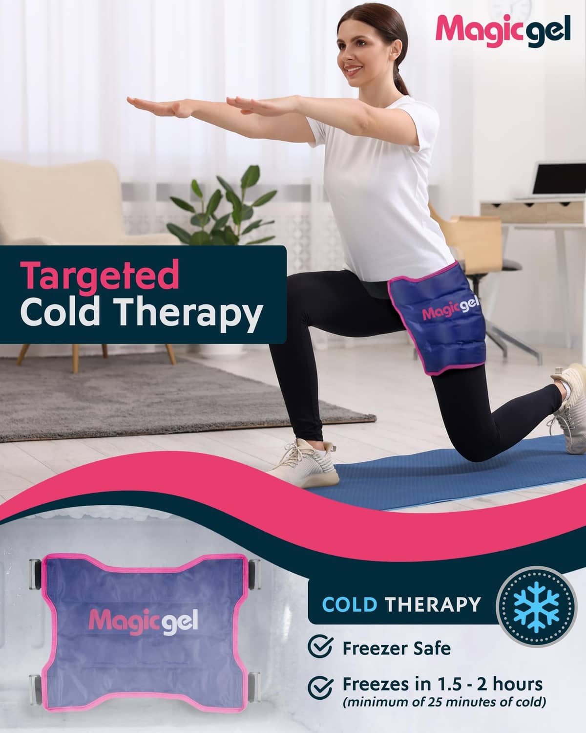 Blue gel hip wrap with pink trim, shown during targeted cold therapy on leg