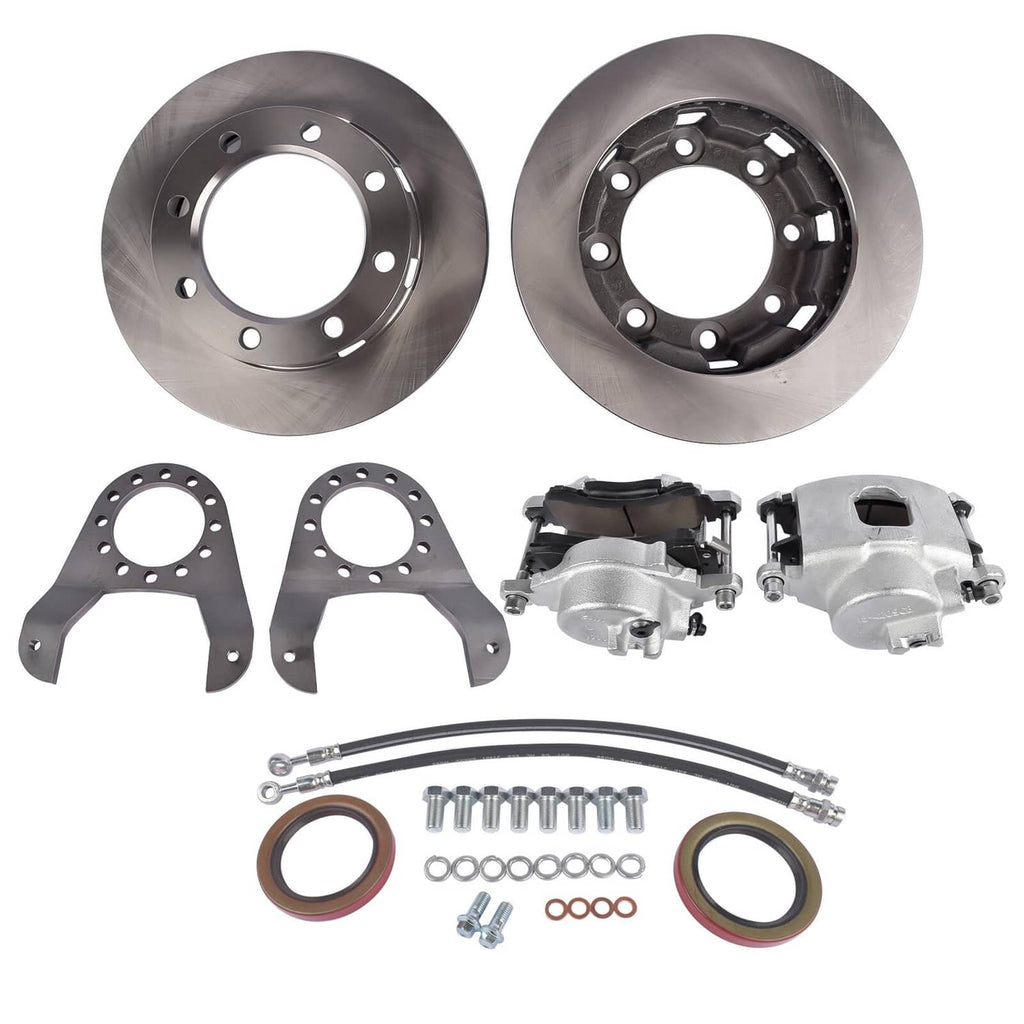 Disc brake conversion kit with two rotors, two brackets, two calipers, and hoses with seals