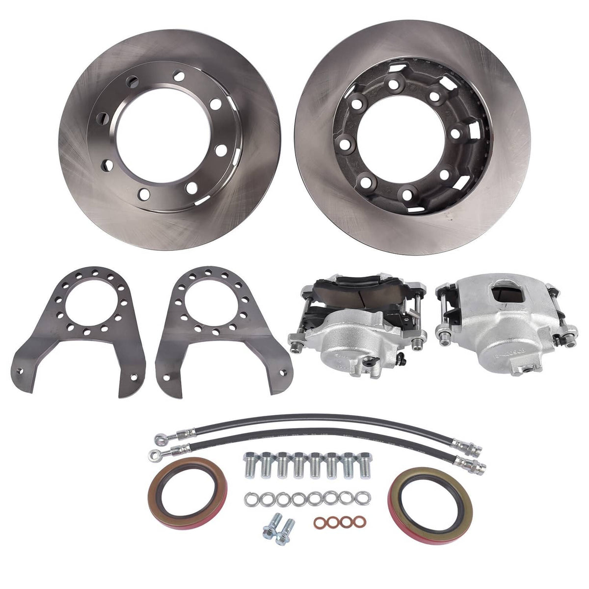 Disc brake conversion kit with two rotors, two brackets, two calipers, and hoses with seals