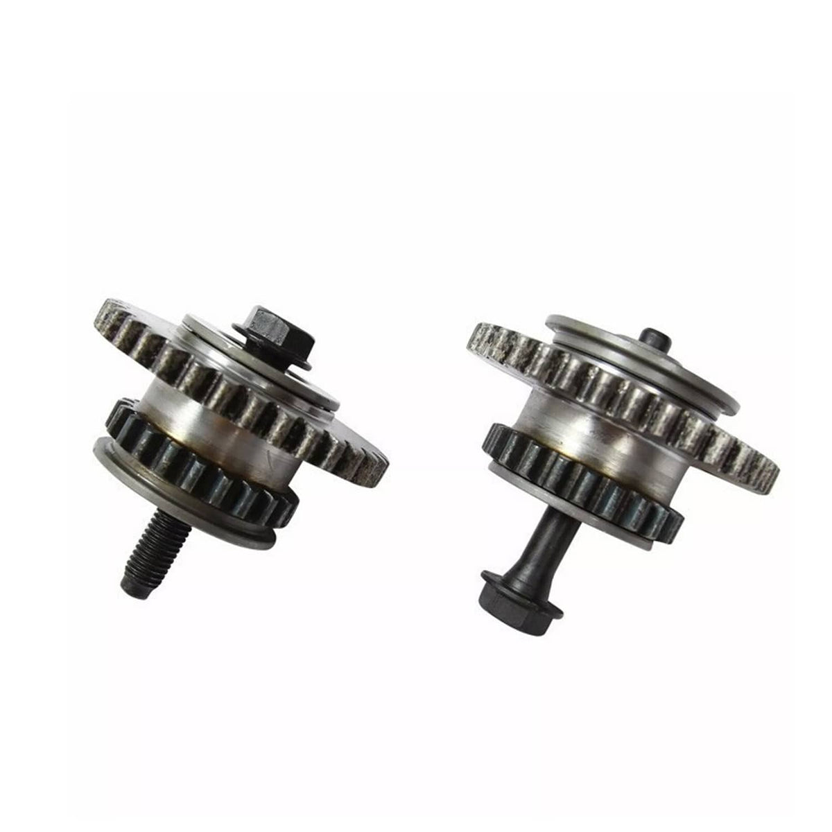 Timing chain sprockets with mounting bolts, metal gears in silver and dark finish