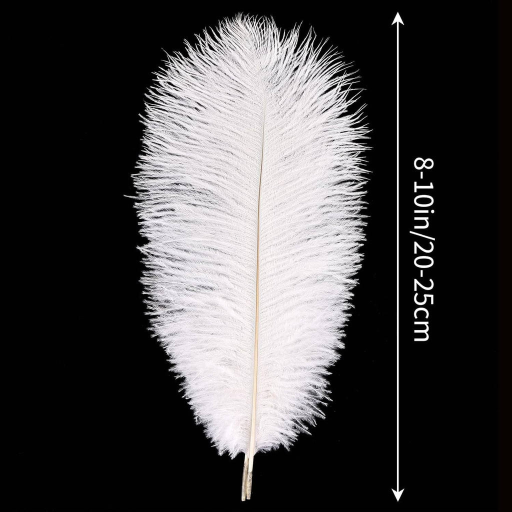White ostrich feather single with long plume and slim quill; length shown 8–10 in (20–25 cm)