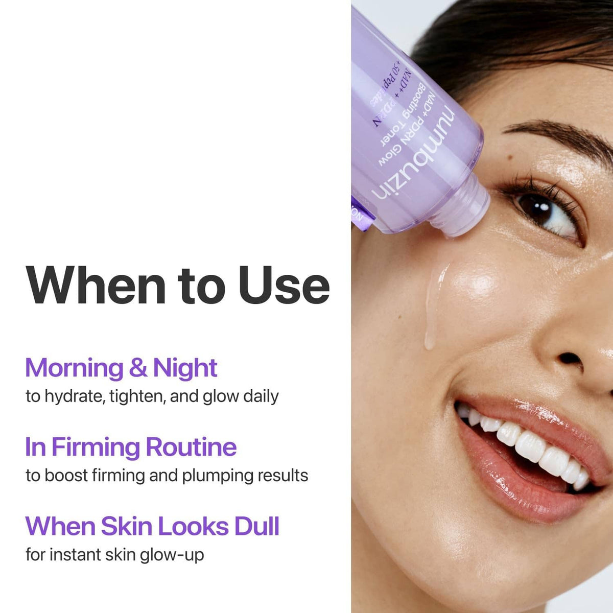 Toner bottle applied near face with visible glow on skin