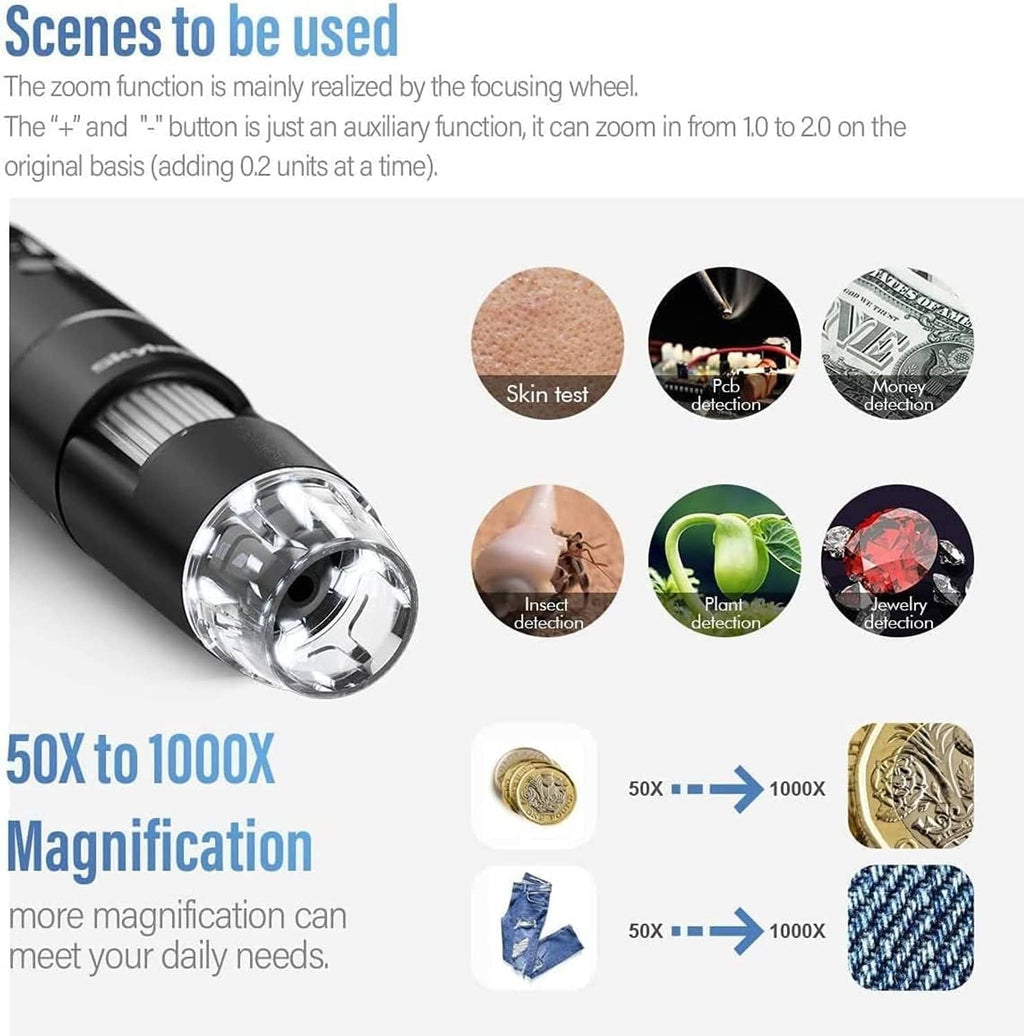 Skybasic wireless digital microscope lens and black zoom barrel for close-up inspection