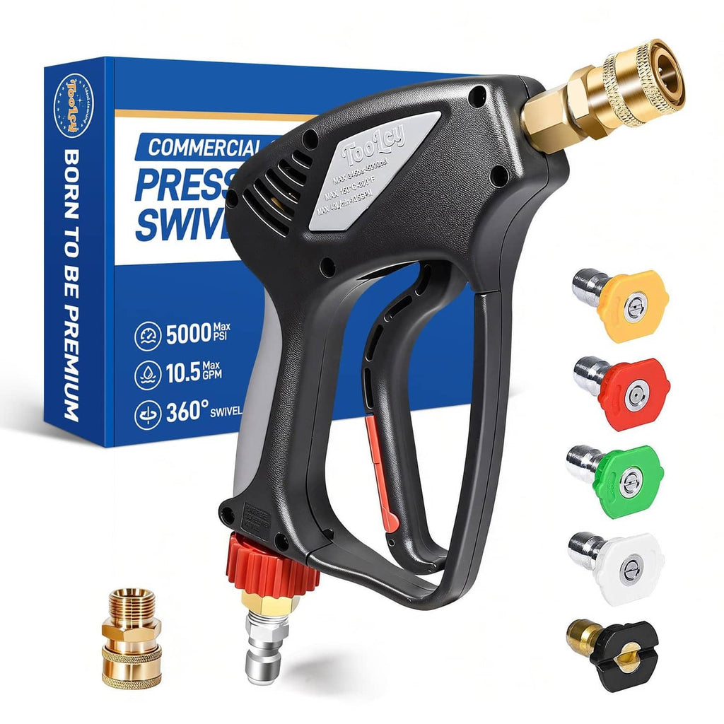 Black pressure washer spray gun with brass connection fitting and red quick-connect tip