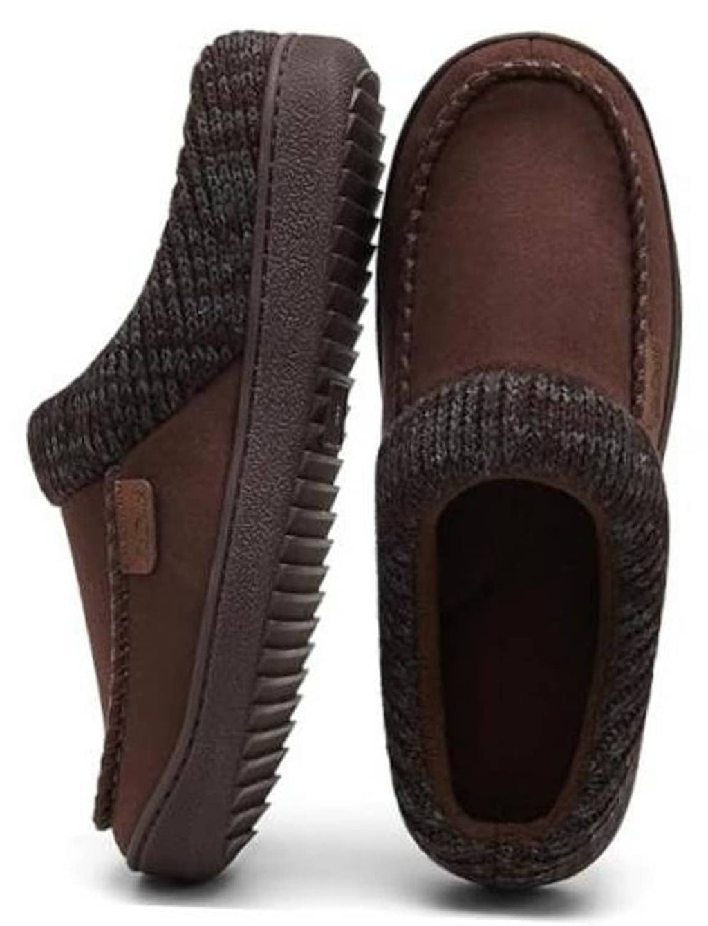Brown moccasin clog slippers with dark knit collar and padded interior lining