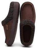 Brown moccasin clog slippers with dark knit collar and padded interior lining