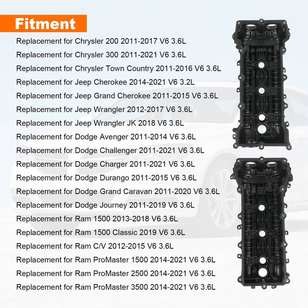 Black valve cover replacements shown next to fitment list, upright view on white.