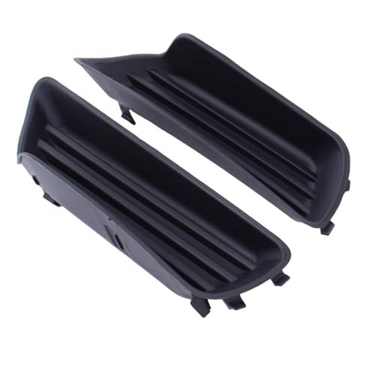 Two black fog light cover grilles with vented slats and mounting tabs