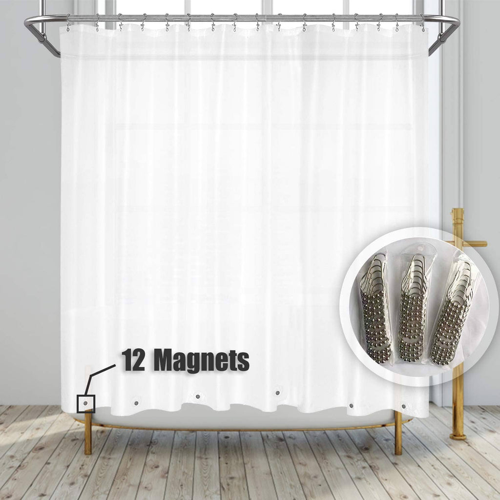 Frosted white shower curtain liner with top rod and 12 magnet closures