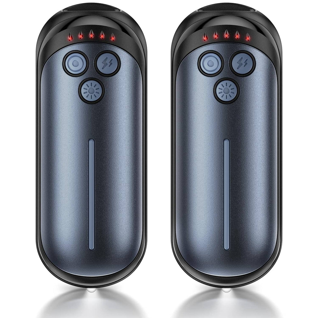Blue rechargeable hand warmers, two-pack with LED indicator buttons on oval cases