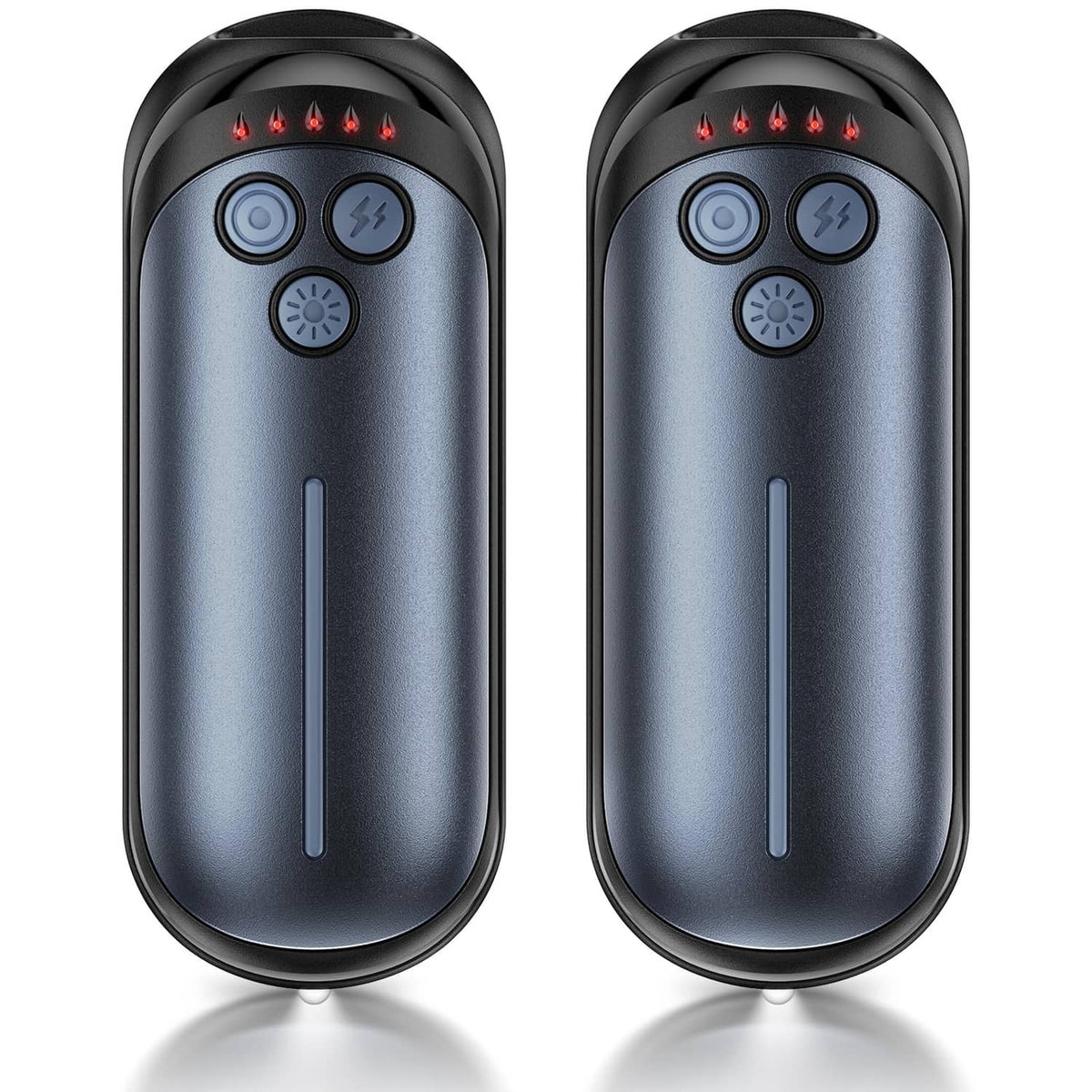 Blue rechargeable hand warmers, two-pack with LED indicator buttons on oval cases