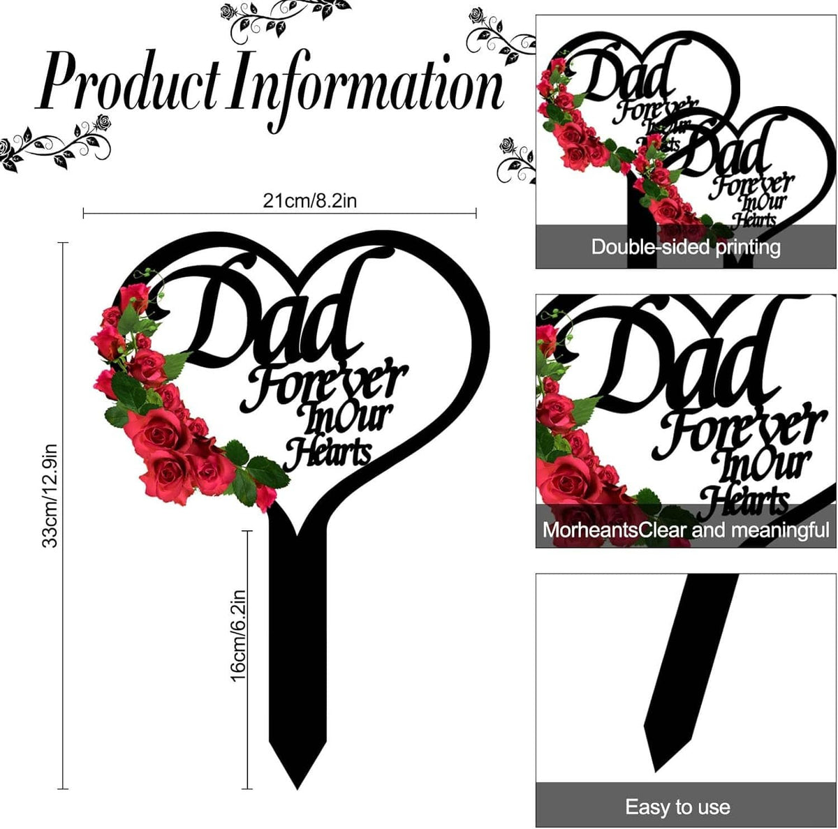 Double-sided heart grave marker stake with red roses and Dad Forever in Your Hearts
