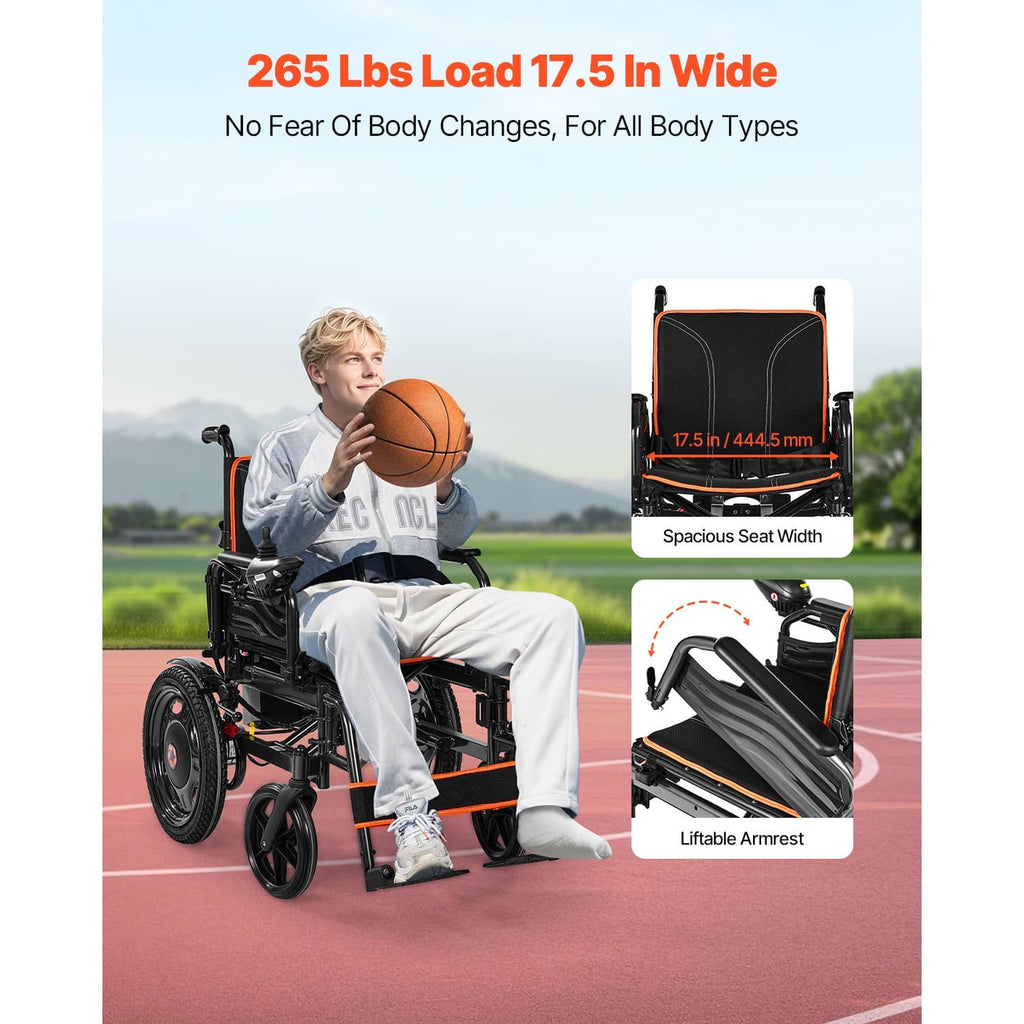 Electric wheelchair with wide seat, black upholstery, orange trim, and front footrests