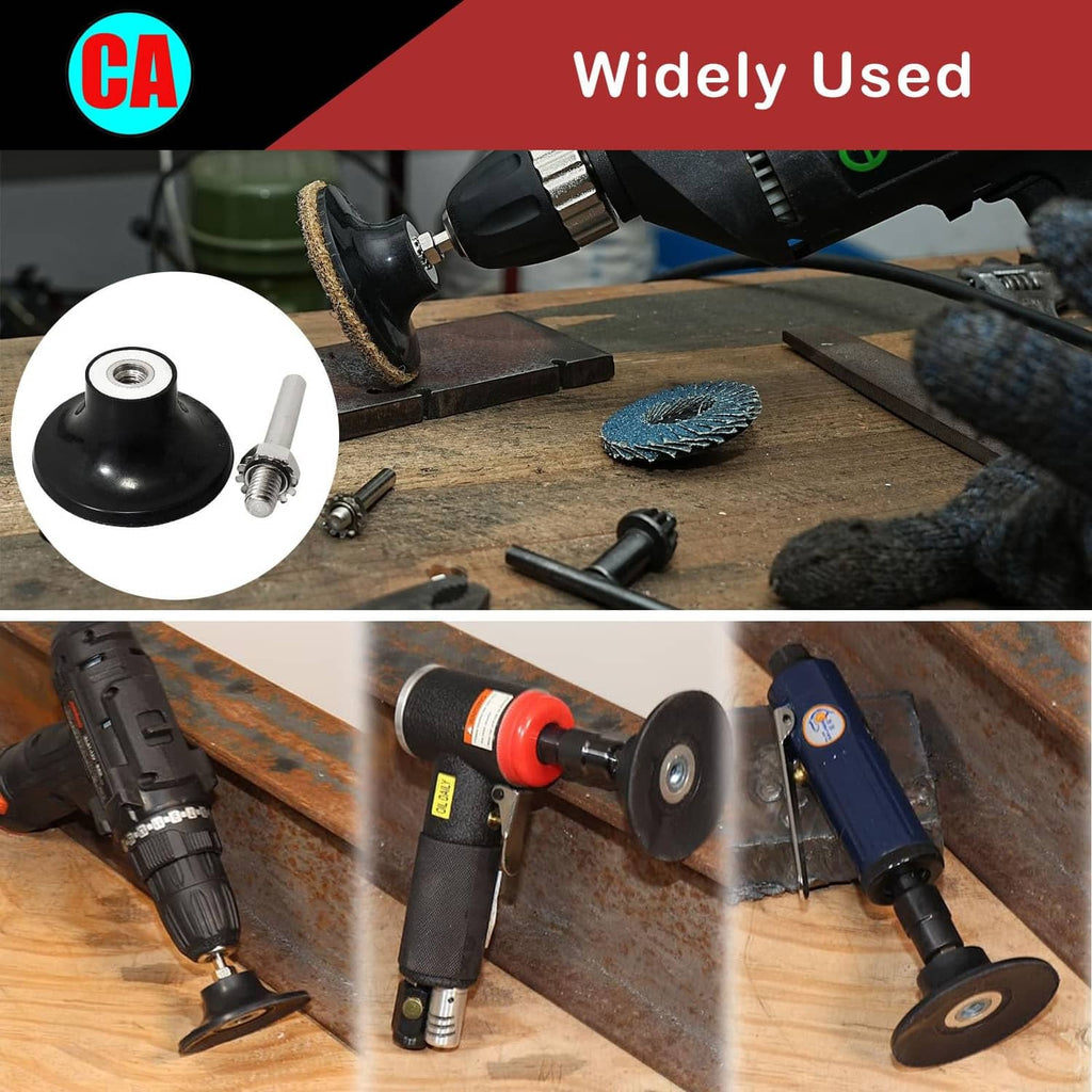 Black sanding disc pad holder for power tools, includes metal round stem
