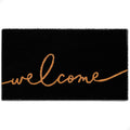 Black coir door mat with orange “welcome” script