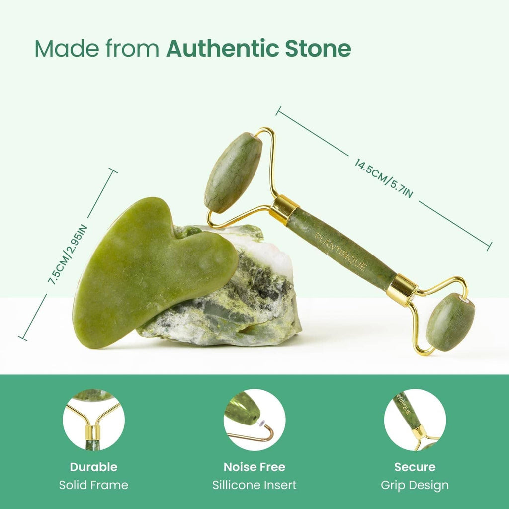 Green jade gua sha and roller stones with gold frame and loop handles