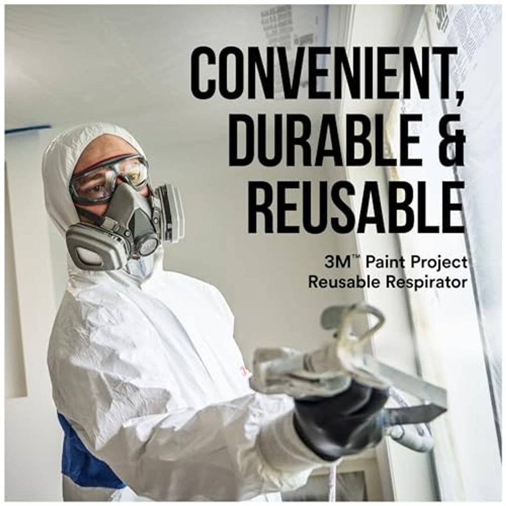 3M reusable half-face respirator on painter using spray gun while wearing protective suit