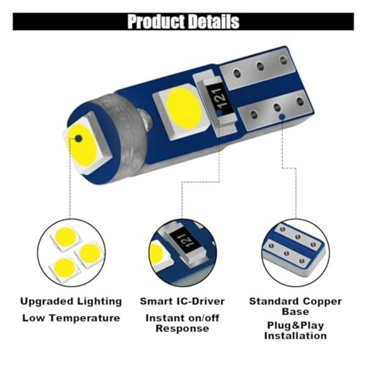 T5 LED bulb with blue PCB, yellow LED chip, and silver metal contact base