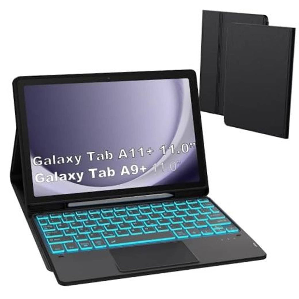 Black tablet keyboard case with detachable folio cover and cyan backlit keys, open