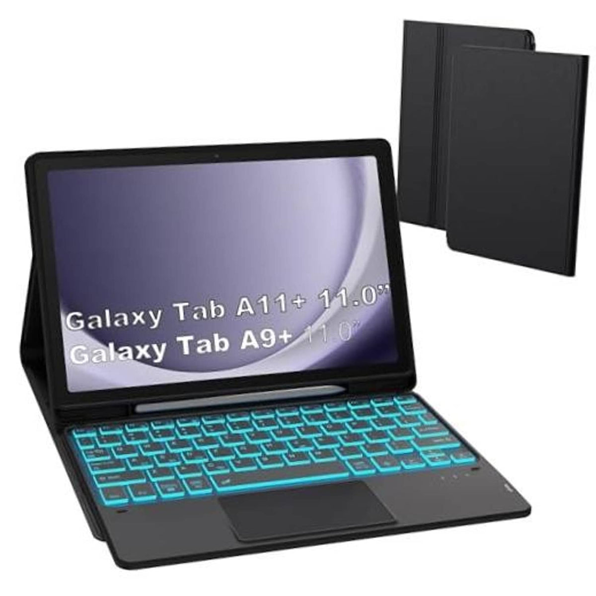 Black tablet keyboard case with detachable folio cover and cyan backlit keys, open