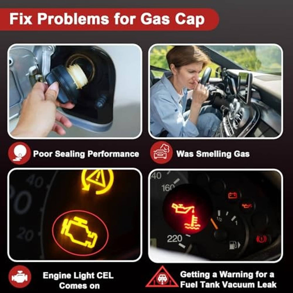 Fuel cap repair warning graphic with engine light and leak icons
