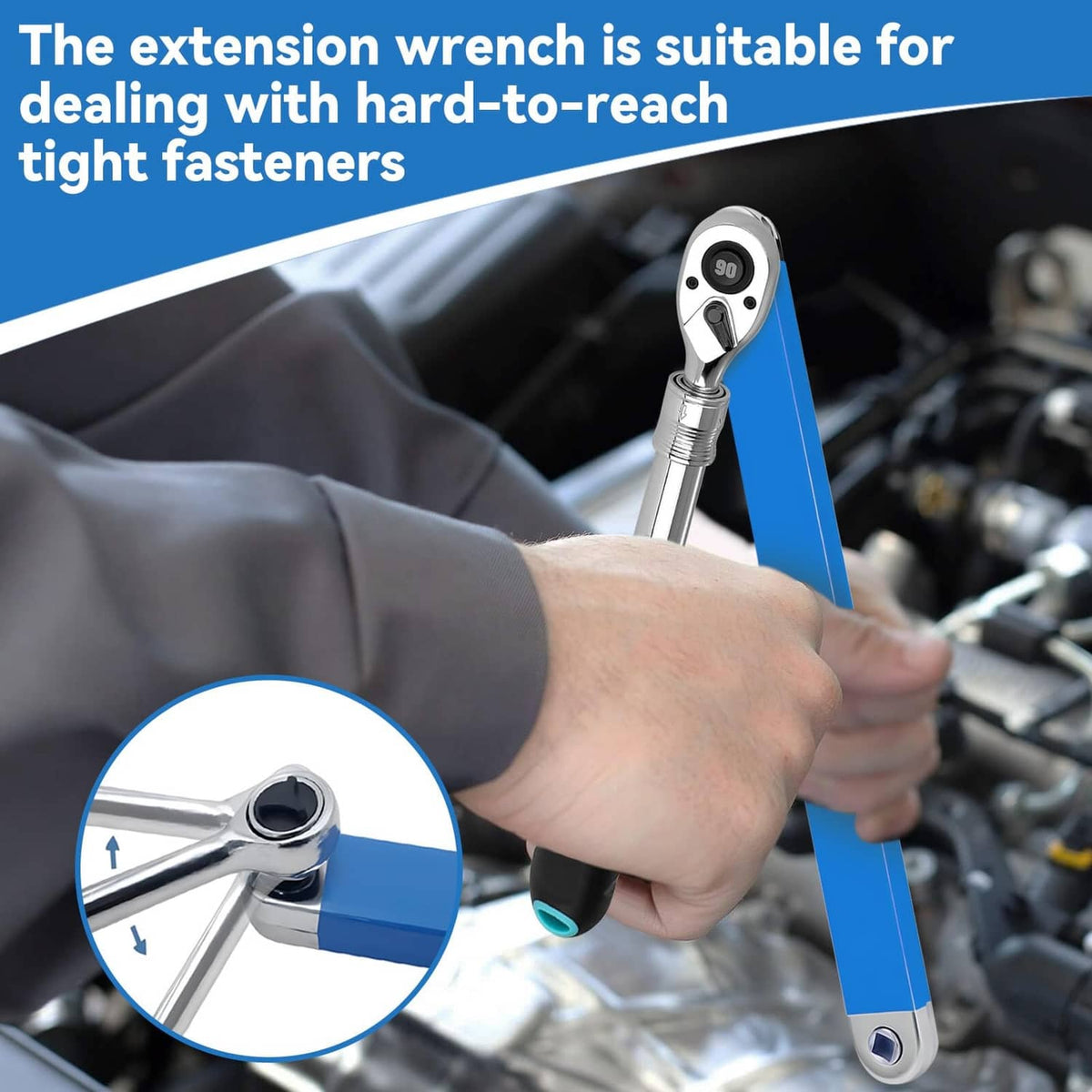 Offset extension wrench with socket end used in a tight engine compartment