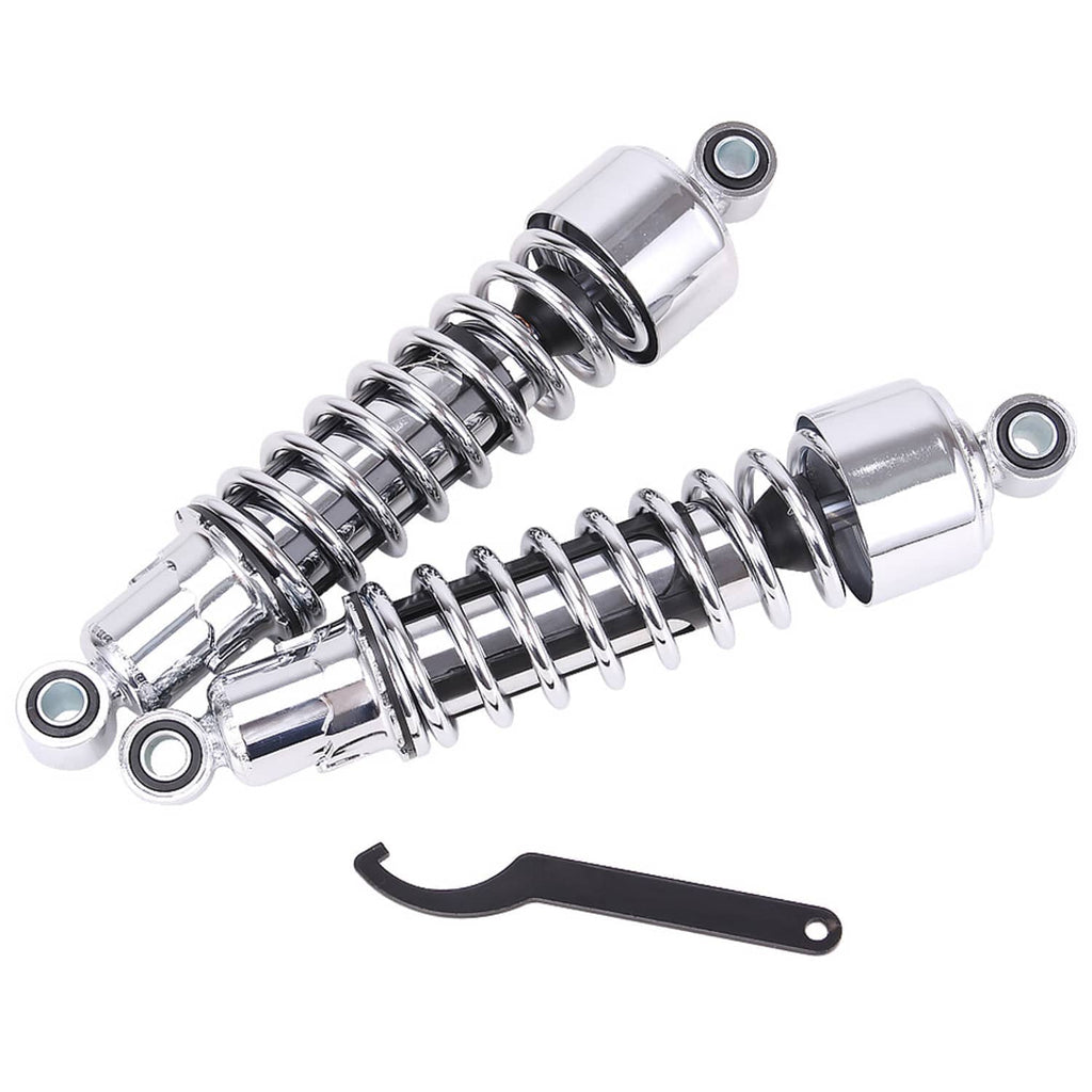 Chrome rear shock absorbers pair with coil springs and mounting bushings