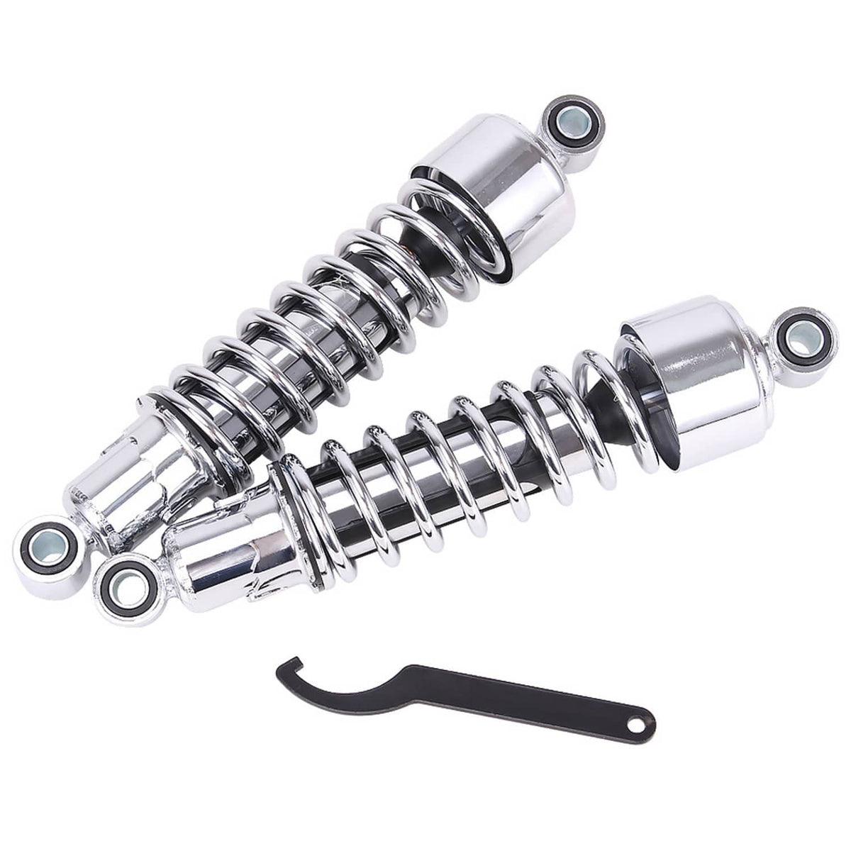 Chrome rear shock absorbers pair with coil springs and mounting bushings