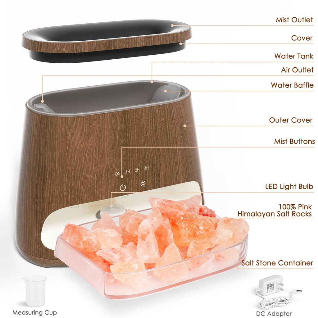 Dark wood salt lamp diffuser humidifier with labeled parts: water tank, cover, mist buttons, LED