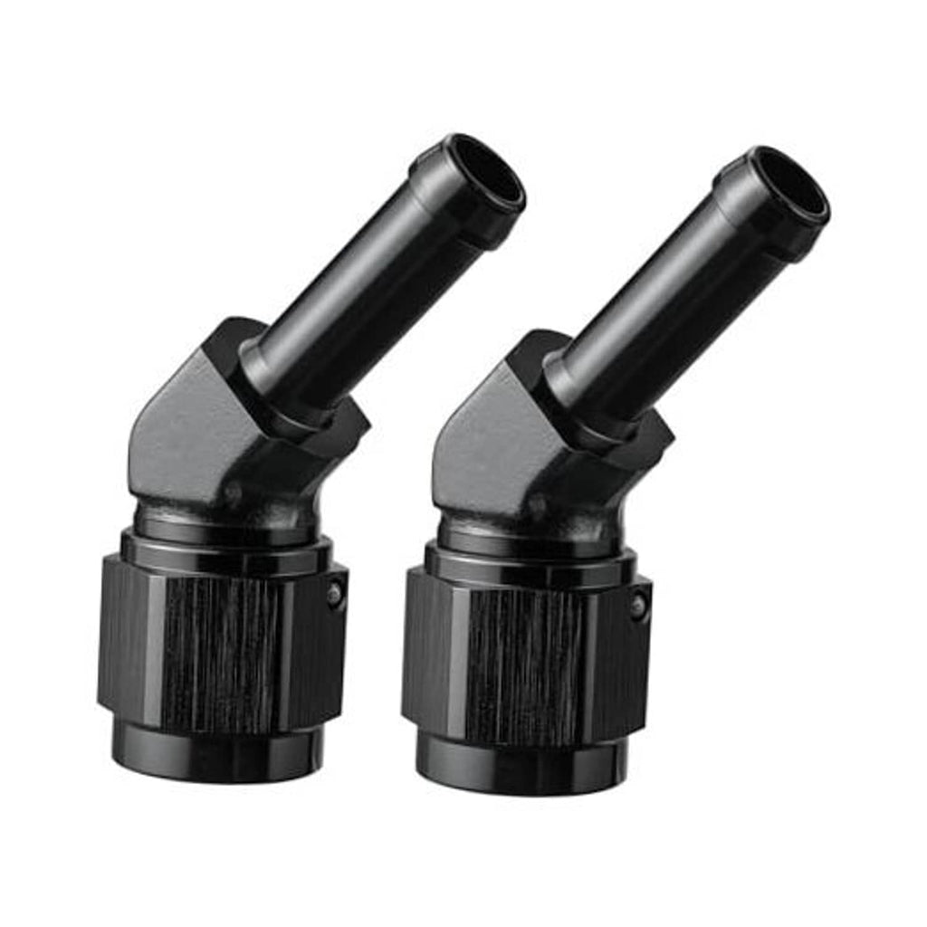 6AN to 5/16 barb 45-degree hose fitting, black finish, angled adapter pair