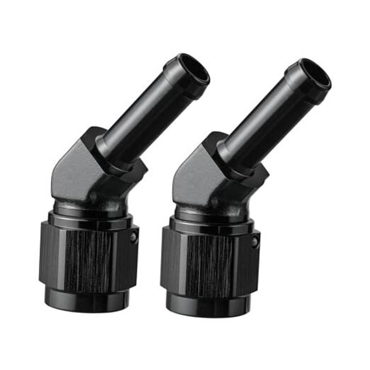 6AN to 5/16 barb 45-degree hose fitting, black finish, angled adapter pair