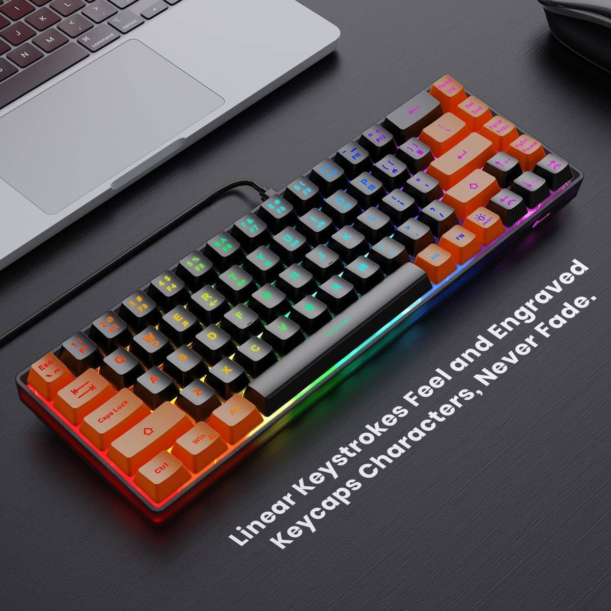Compact wired gaming keyboard with colorful RGB backlit keys and orange accent keycaps