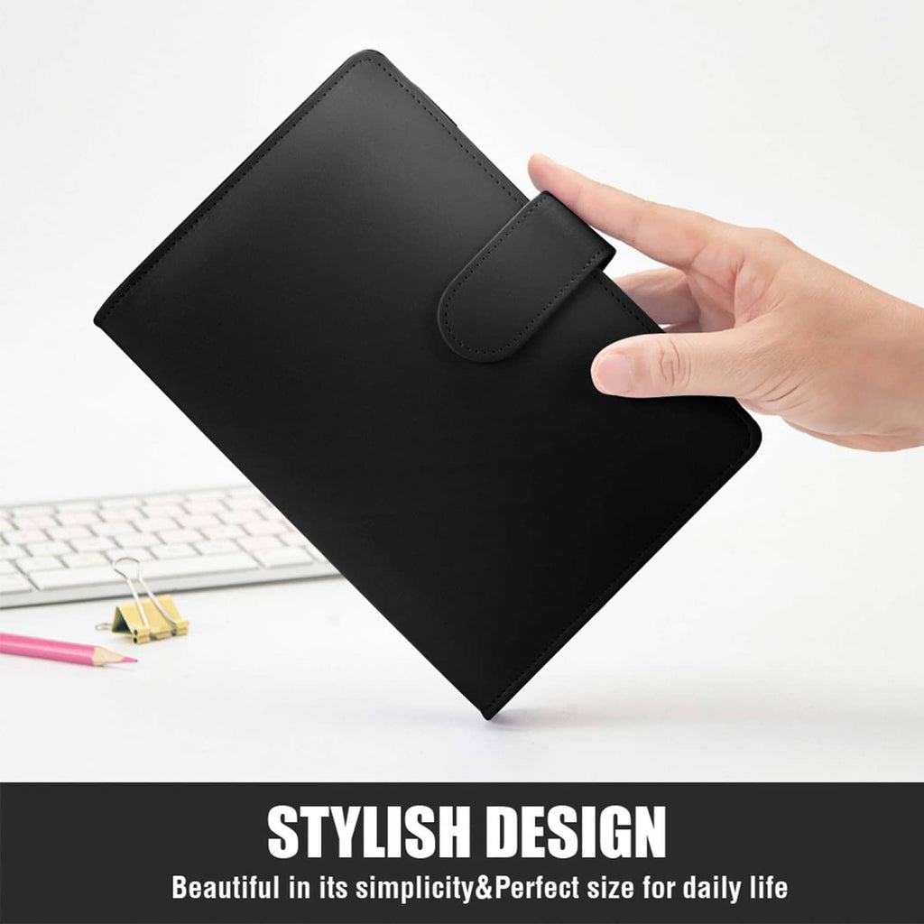 Black 6-ring A5 binder with snap closure and faux leather cover