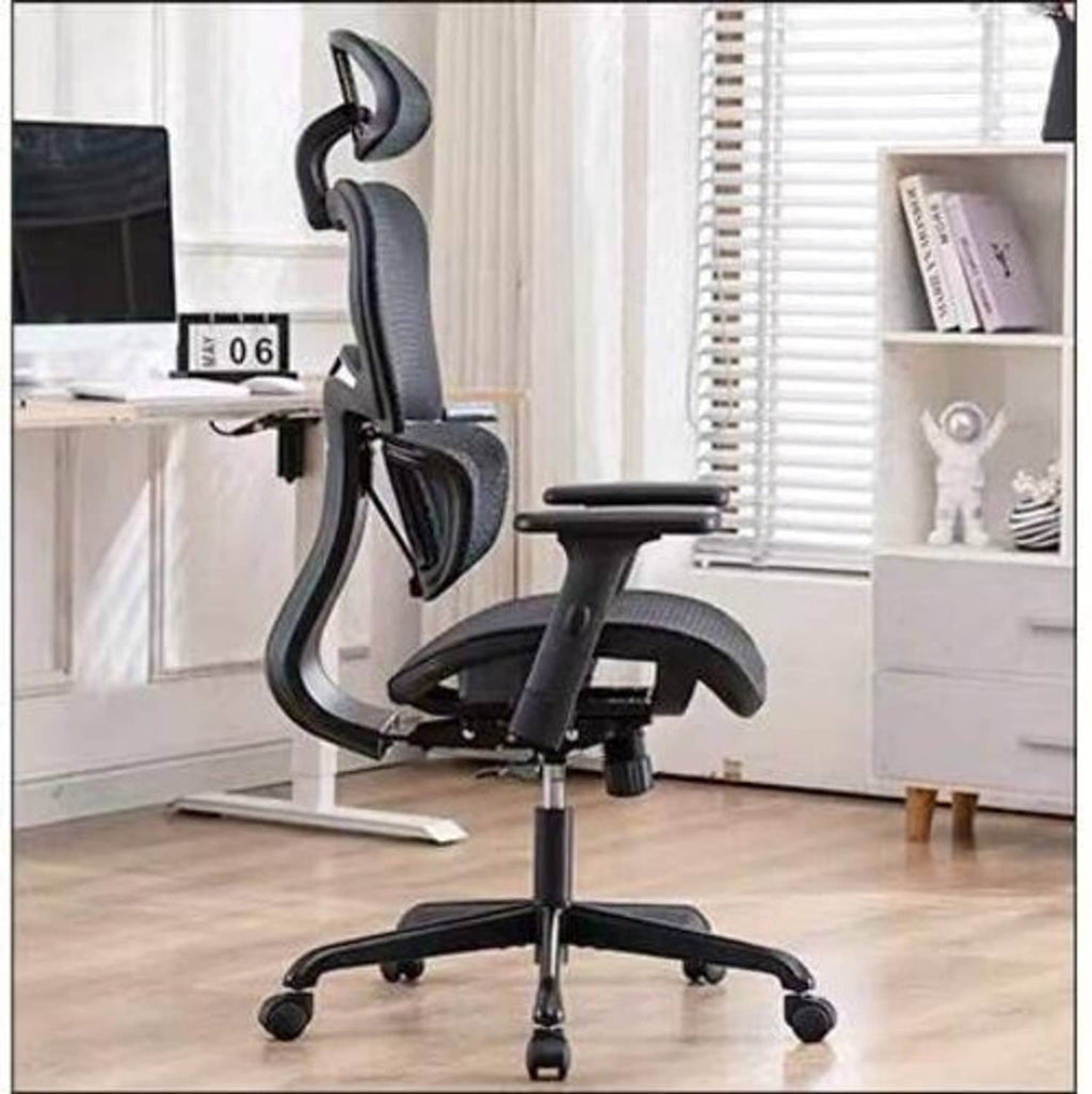 Office chair with right armrest featuring two curved padded arms on black frame