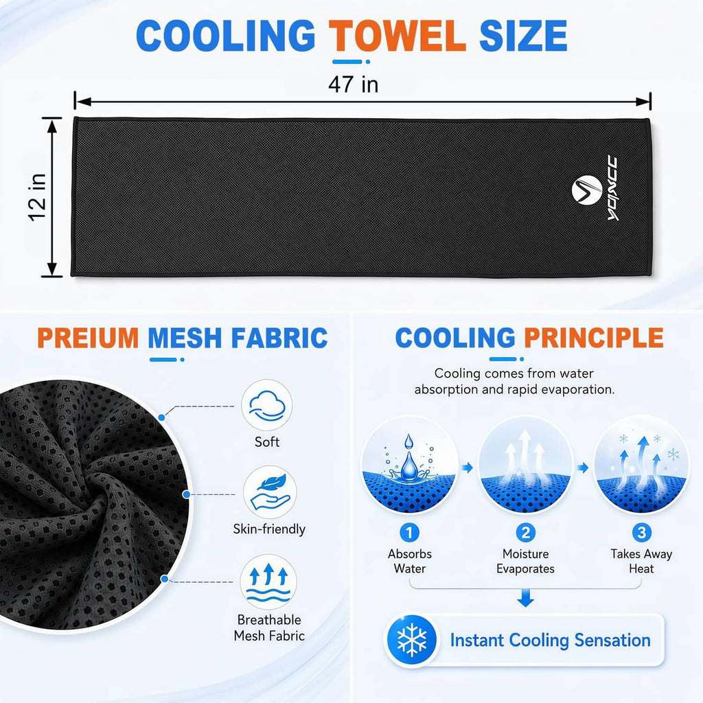 Cooling towel, dark gray mesh fabric panel measuring 47 x 12 in