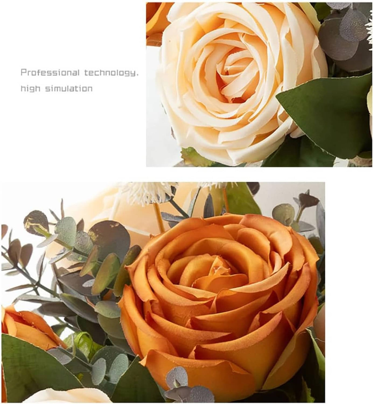 Close-up of artificial roses: orange and cream rosette petals with green foliage accents