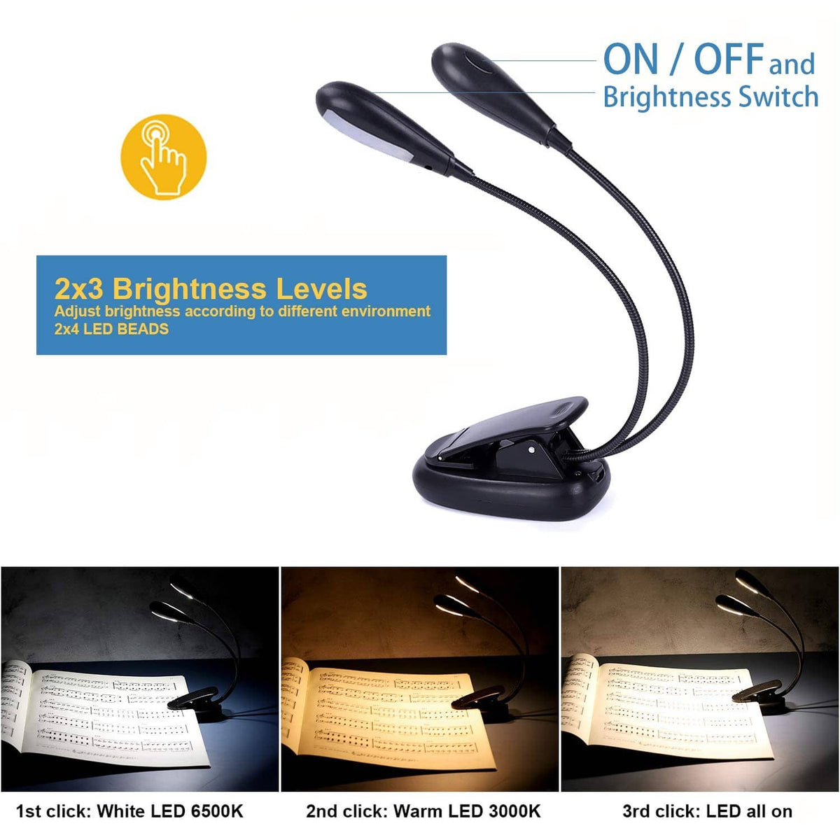 Clip-on music stand light with dual LED heads and adjustable brightness switch