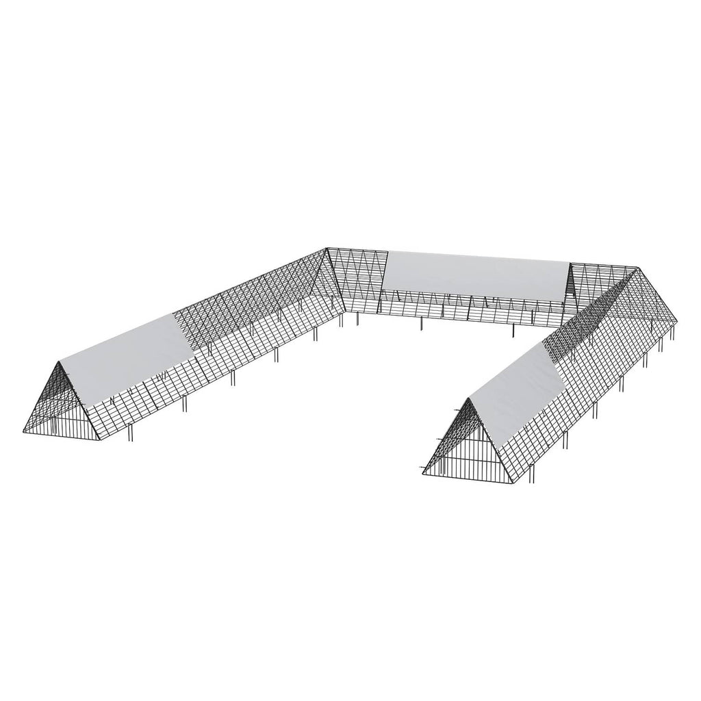 Chicken tunnel with wire mesh ramps and center enclosure, black stakes and cover cloth