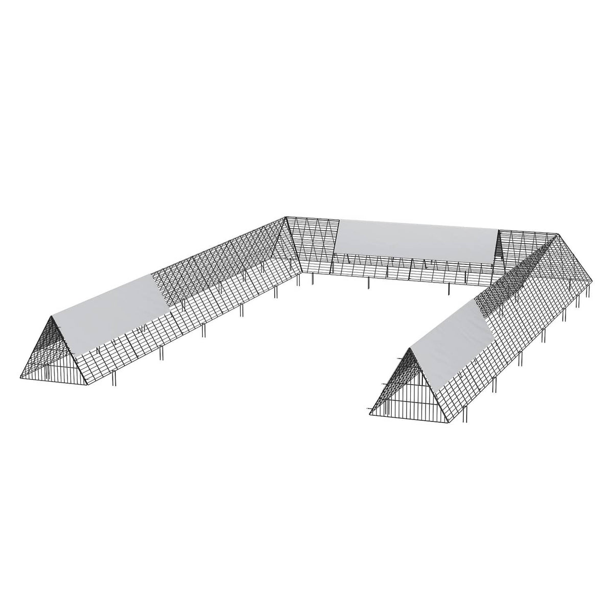 Chicken tunnel with wire mesh ramps and center enclosure, black stakes and cover cloth