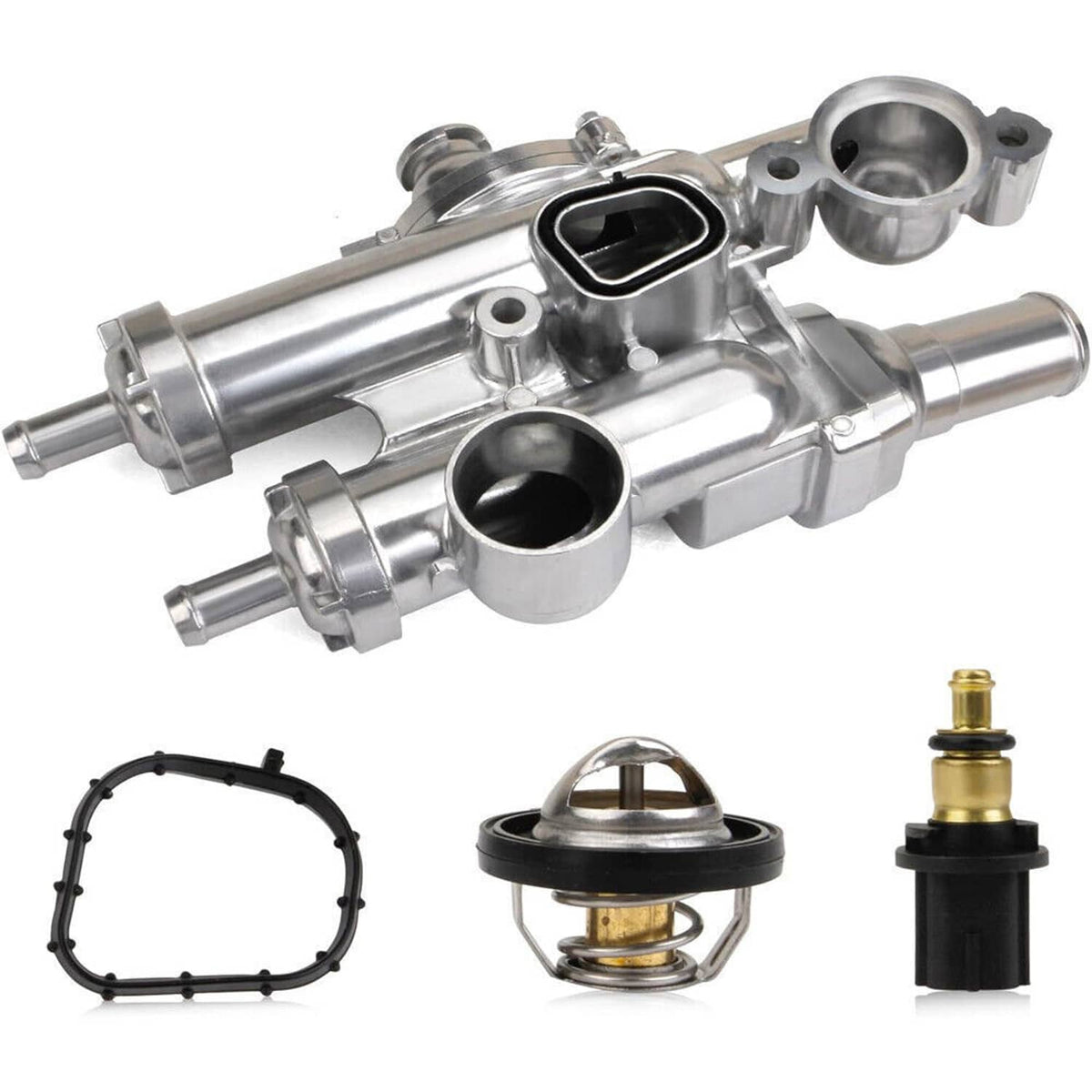 Aluminum thermostat housing assembly with coolant outlets and included sensor and seals