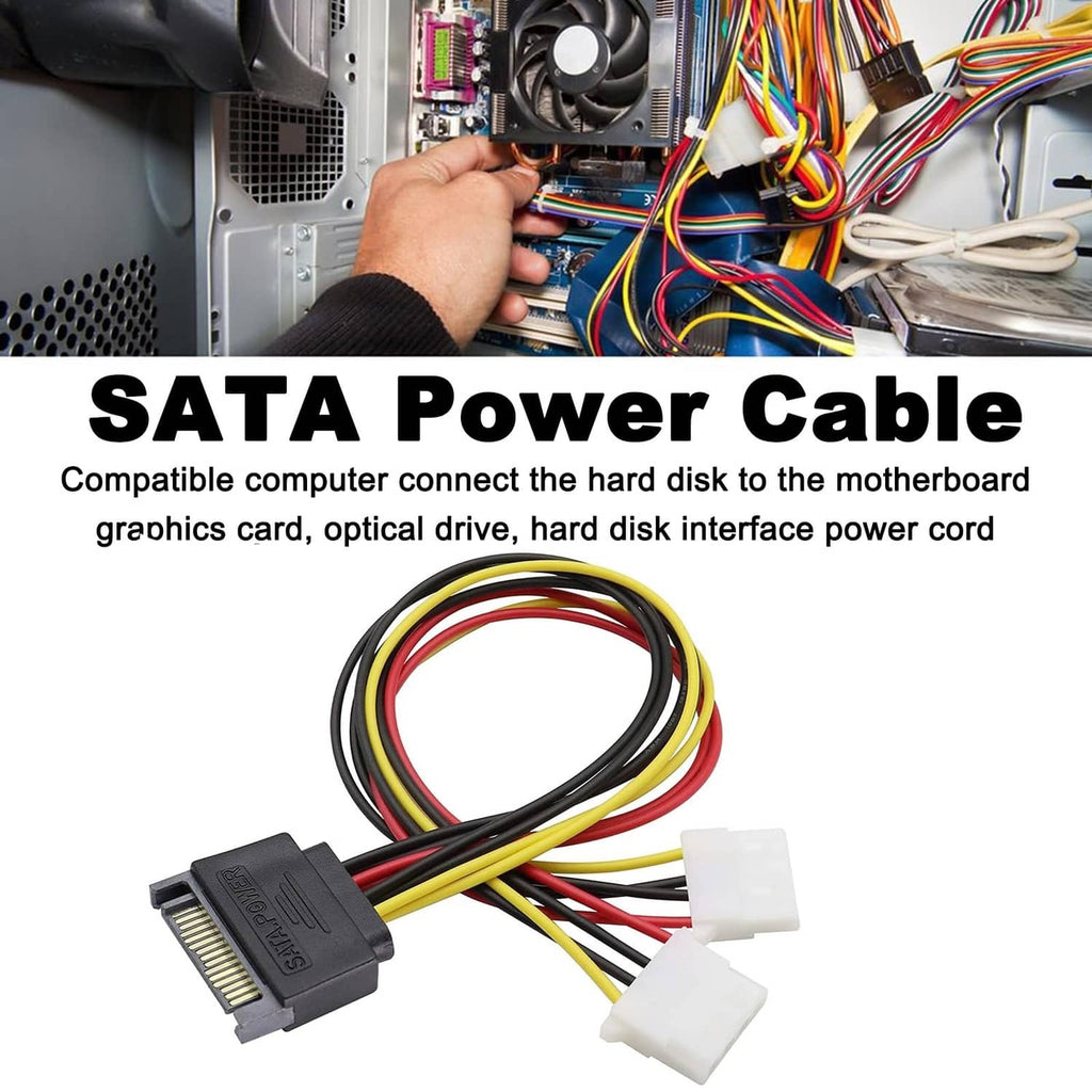 SATA power cable with 15-pin black plug and two white Molex connectors on wires