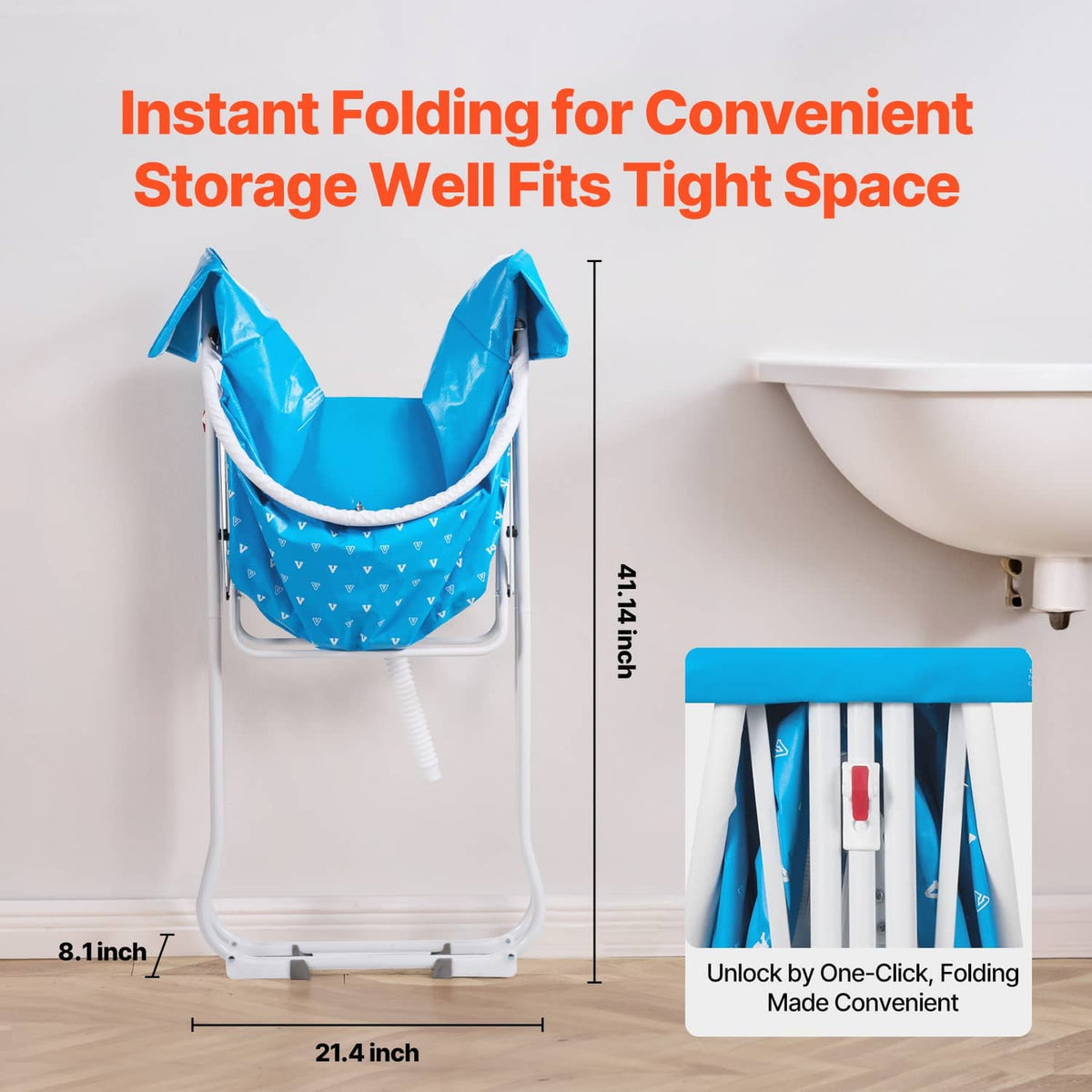 Foldable elevated dog bathtub shown folded, with blue tub and stacked white legs