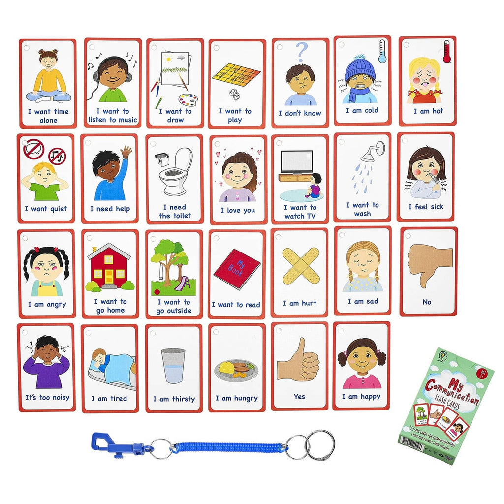 Communication cards set with red-framed emotion cards and blue bungee keyring