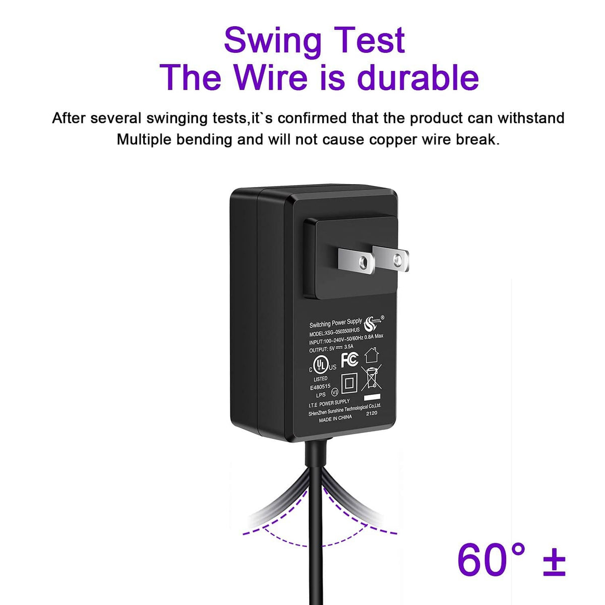 Black 5V 4A power adapter shown from side with swing test durability view