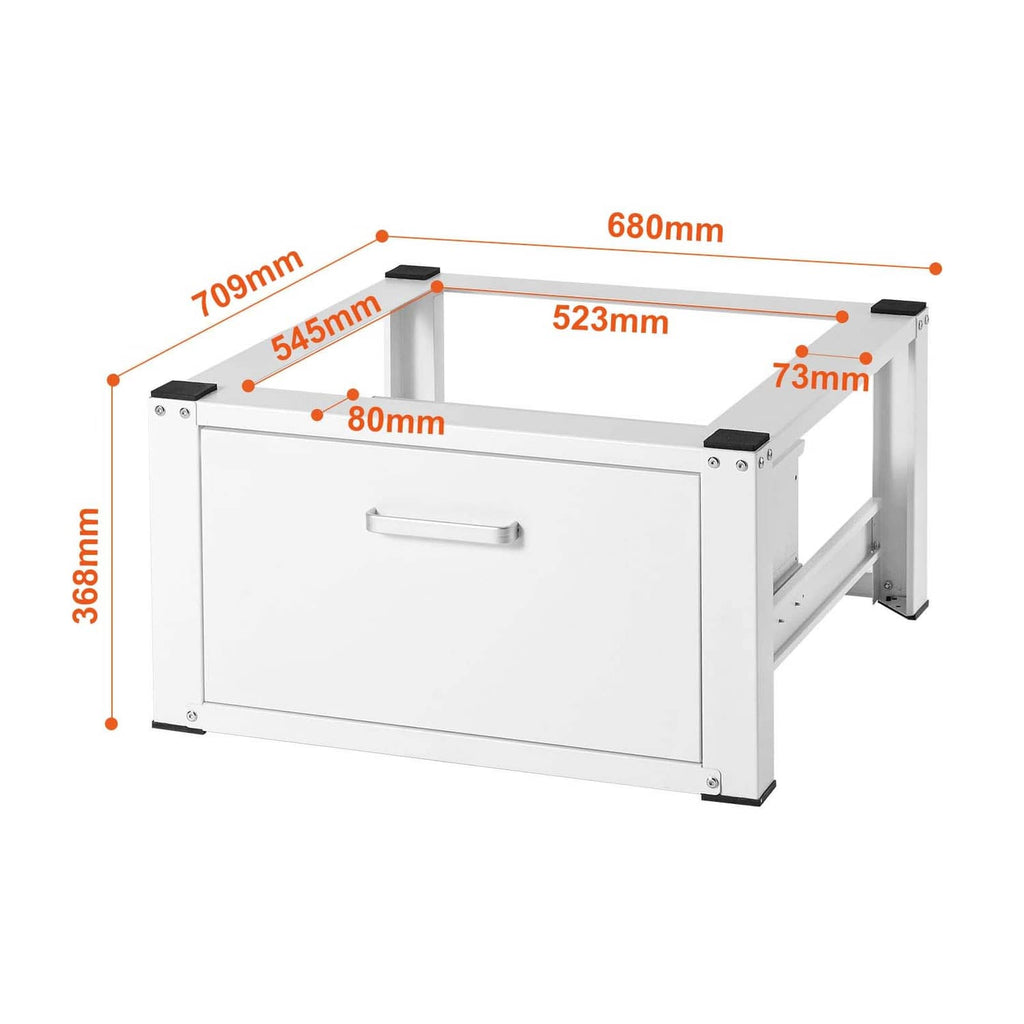 Washer dryer pedestal stand platform size diagram with width, depth, and height