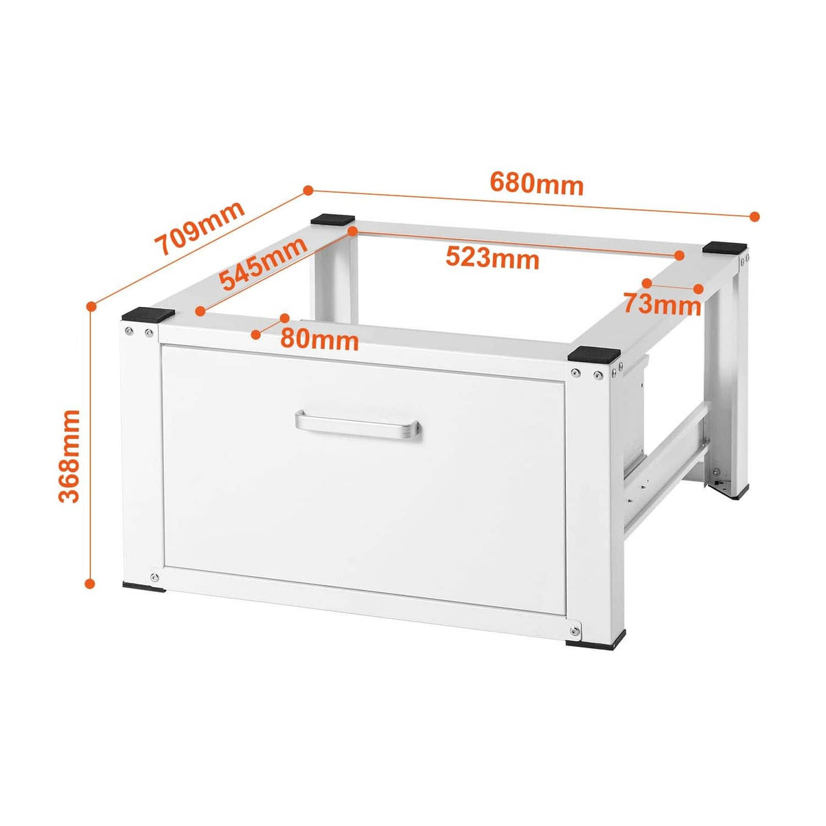 Washer dryer pedestal stand platform size diagram with width, depth, and height