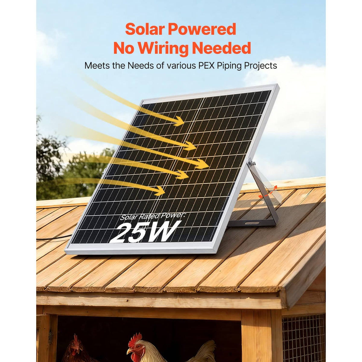 Solar powered ventilation fan with 25W solar panel on a wooden outdoor roof deck