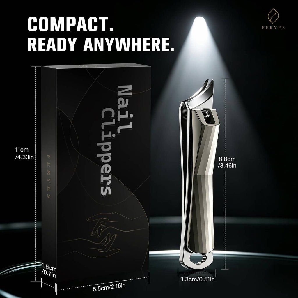 Compact ingrown toenail clipper shown with storage box and size markers.